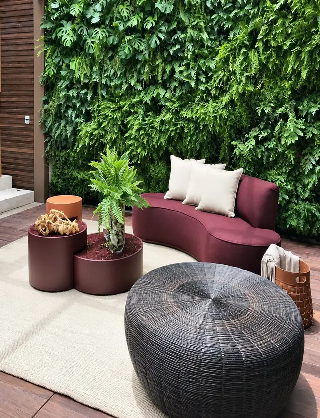 Vertical garden outdoor dengan area duduk